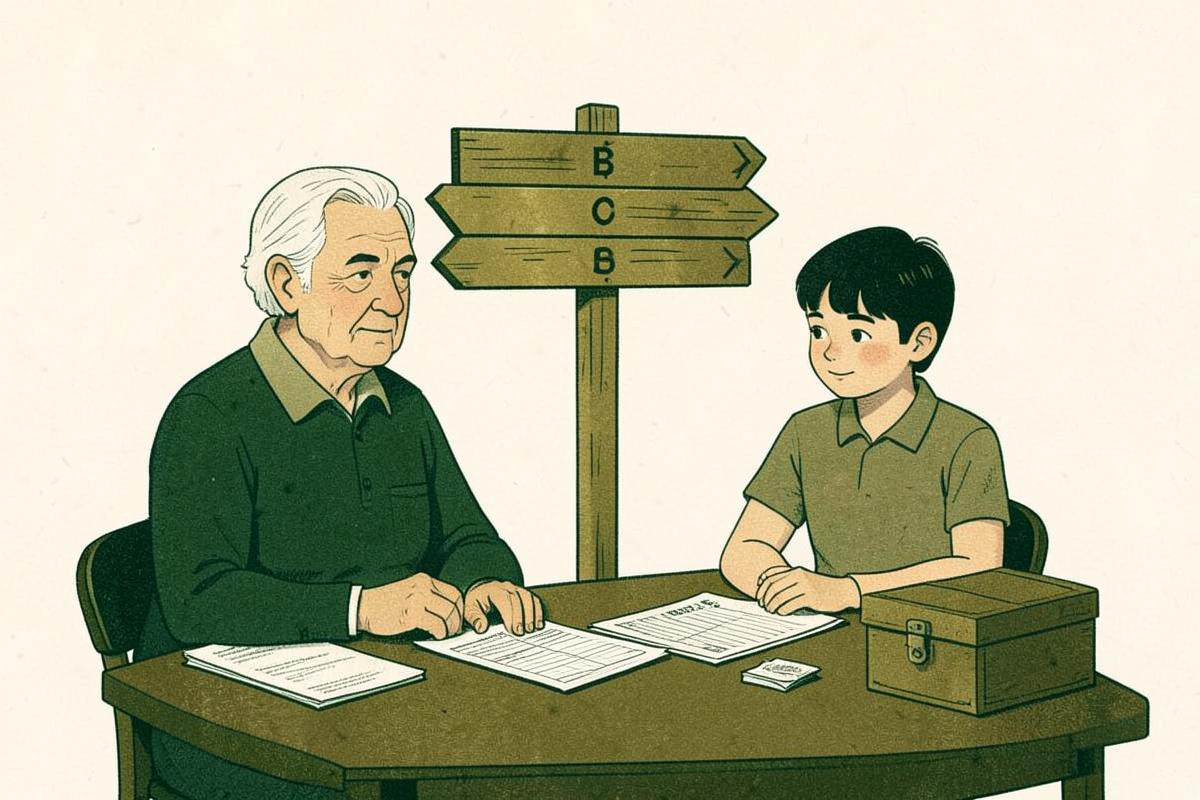 An older person and a young person at a table with paperwork and a signpost