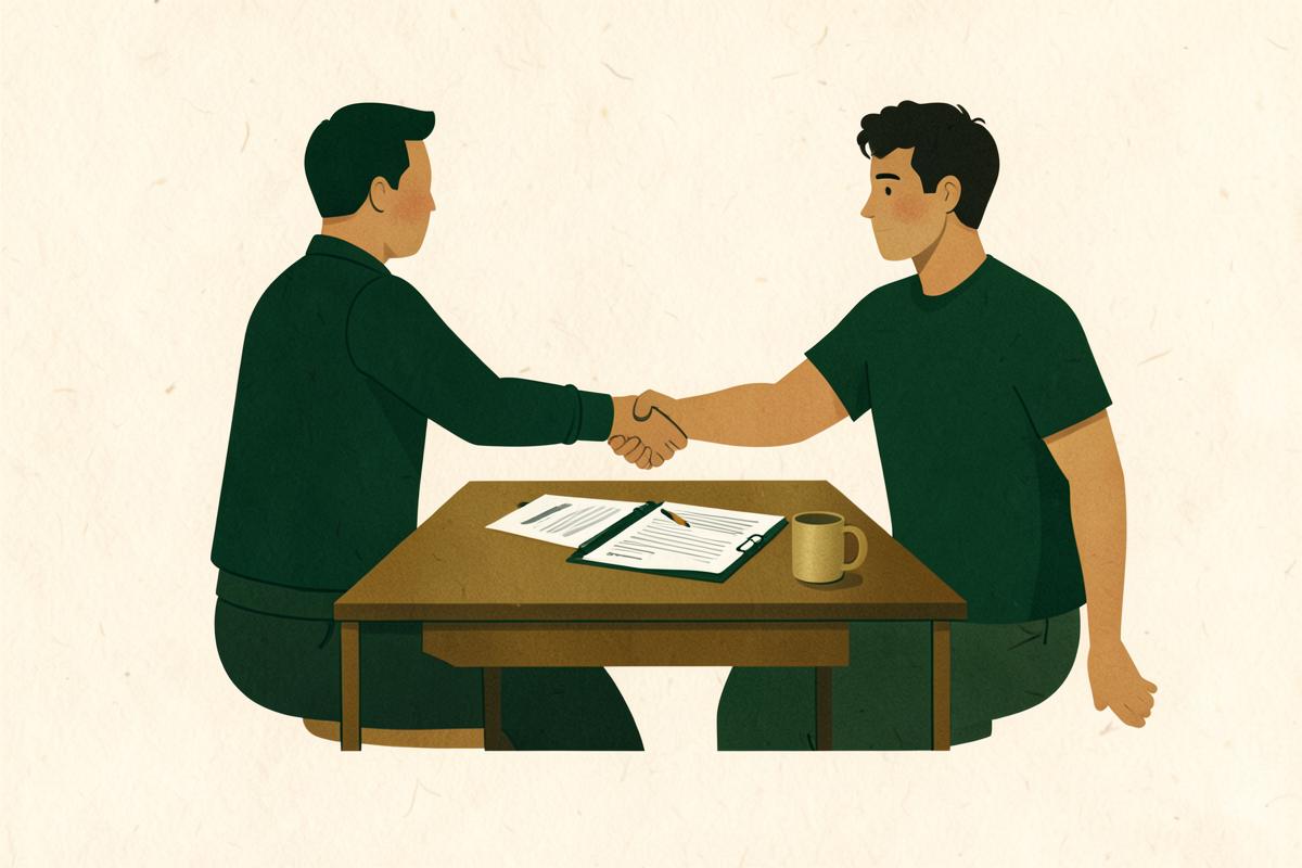 Two people shaking hands across a desk with a folder of documents