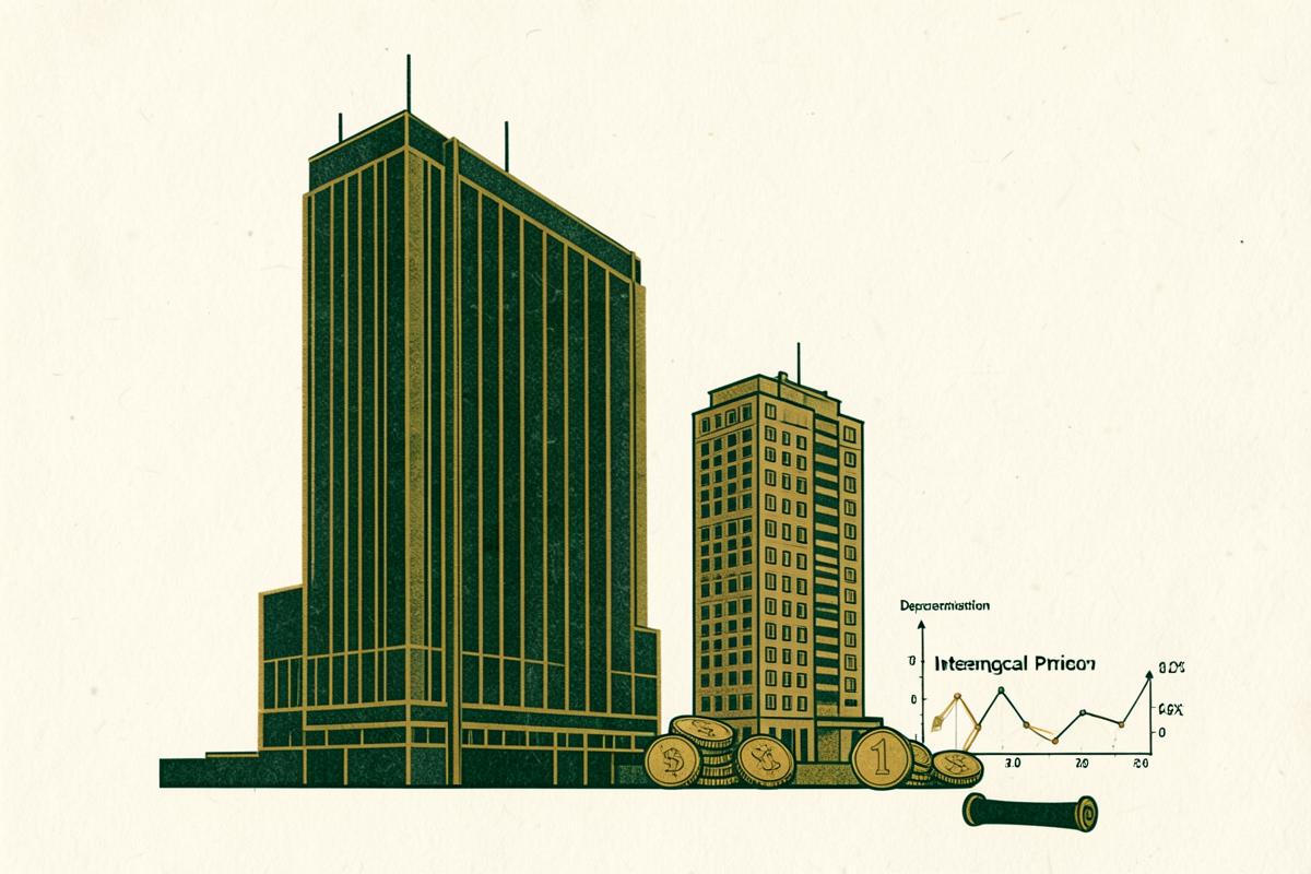 Two large towers beside a small pile of coins