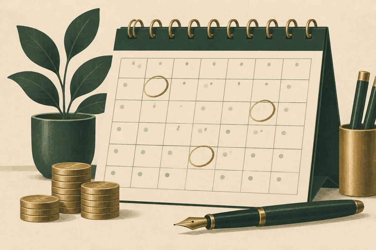 A desk calendar with a few dates circled, a pen and stacks of coins