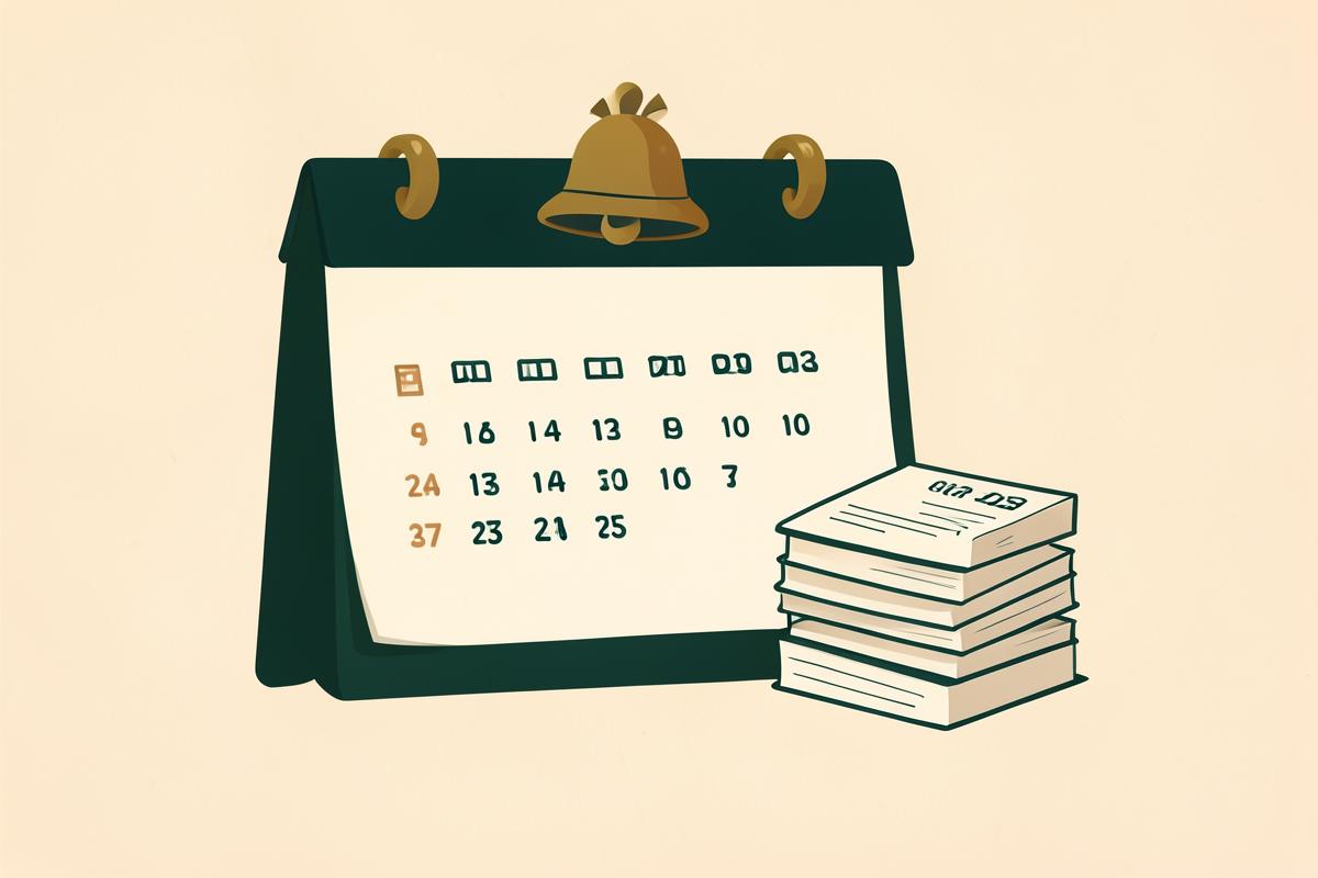 A wall calendar with a bell and a stack of dated notices