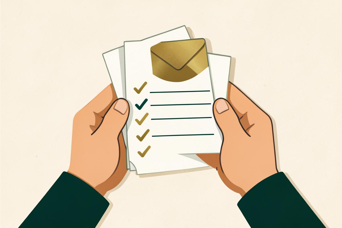 Hands holding receipts and a tick list with a brass envelope