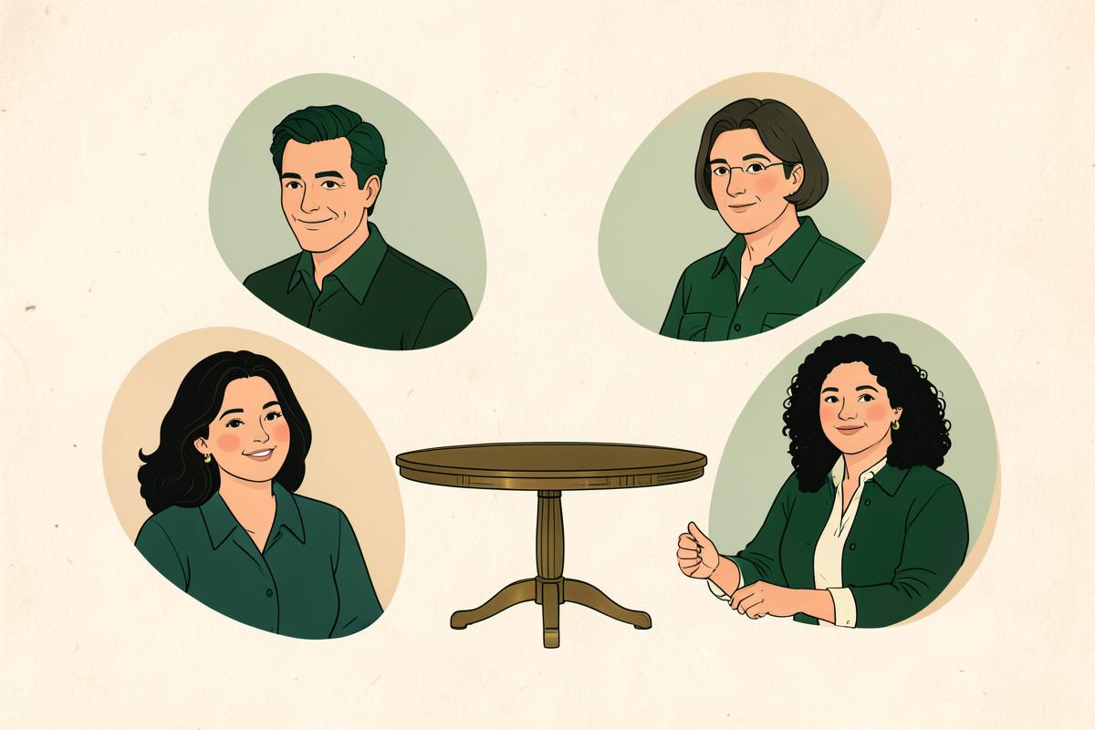 Four friendly portraits around a small table