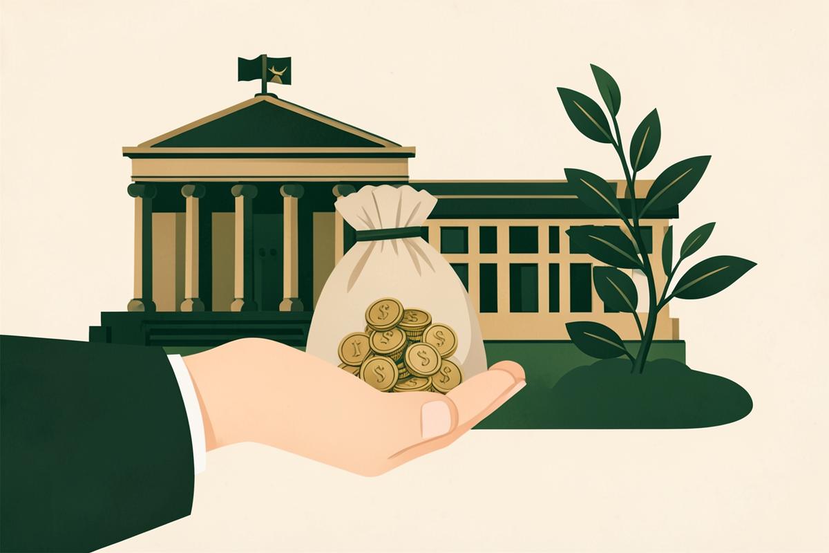 An open hand receiving a bag of coins in front of a government building
