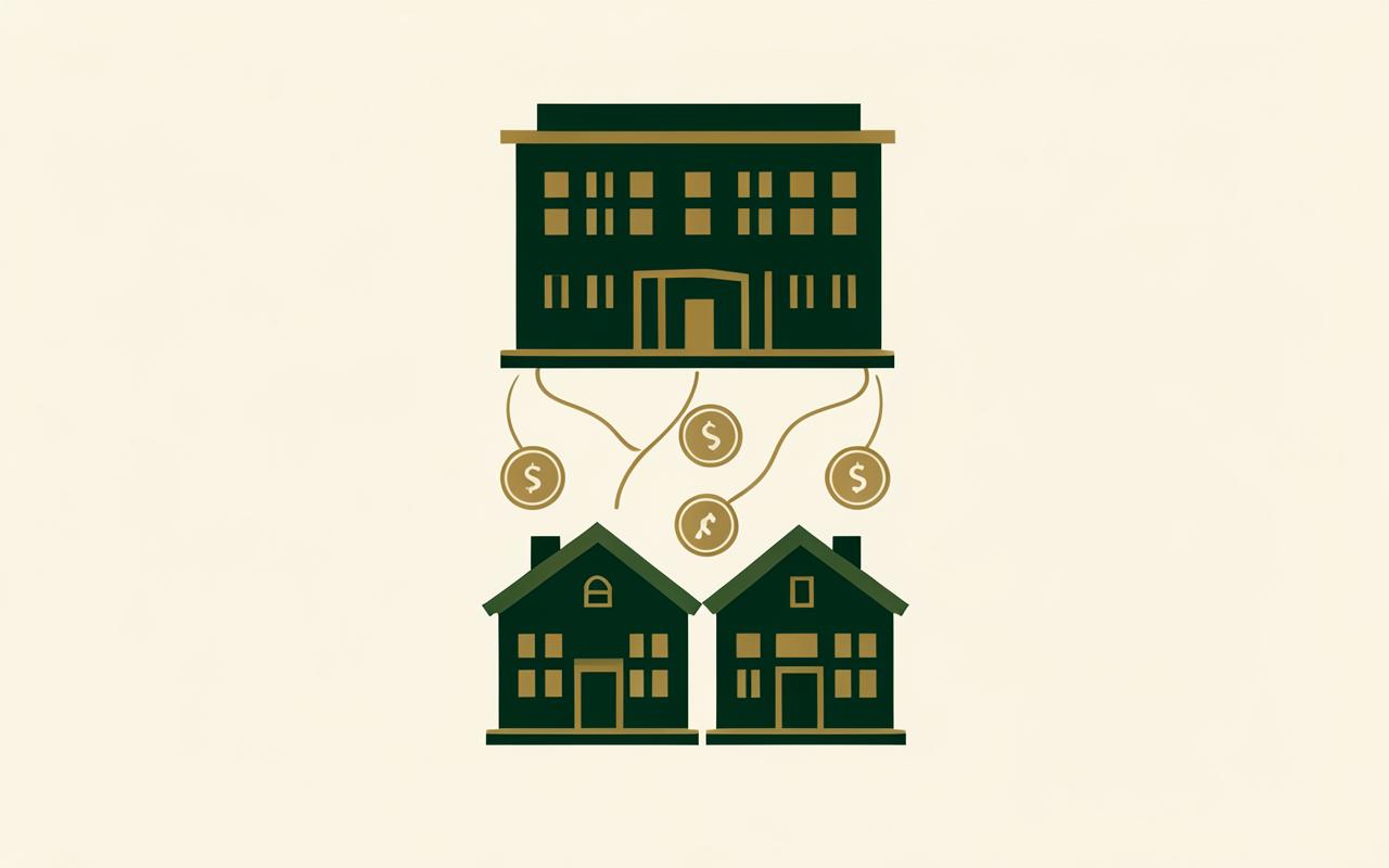 One large building above two smaller ones, coins moving up to it