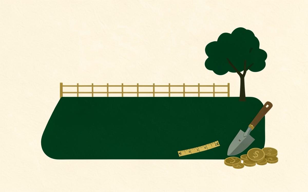 A fenced empty plot of land with a measuring tape, a spade and coins