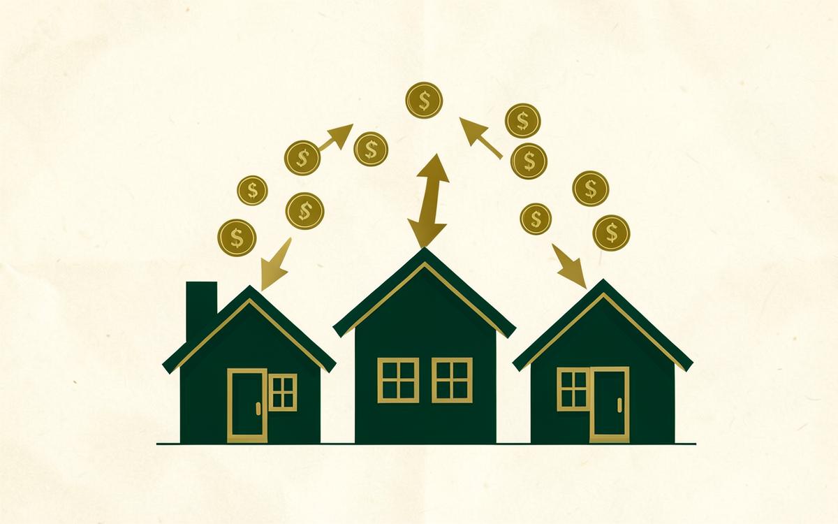 Three small rental houses with coins flowing up to one owner