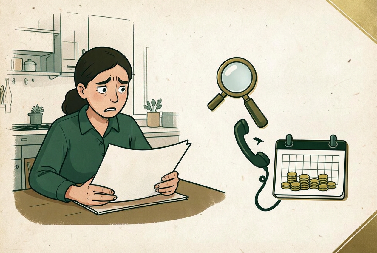 A worried person checking a large bill beside symbols for reviewing it, calling the tax office and arranging payments