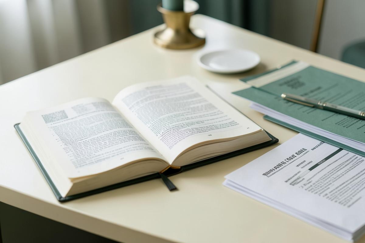 An official tax book open on a desk beside neat stacks of government paperwork