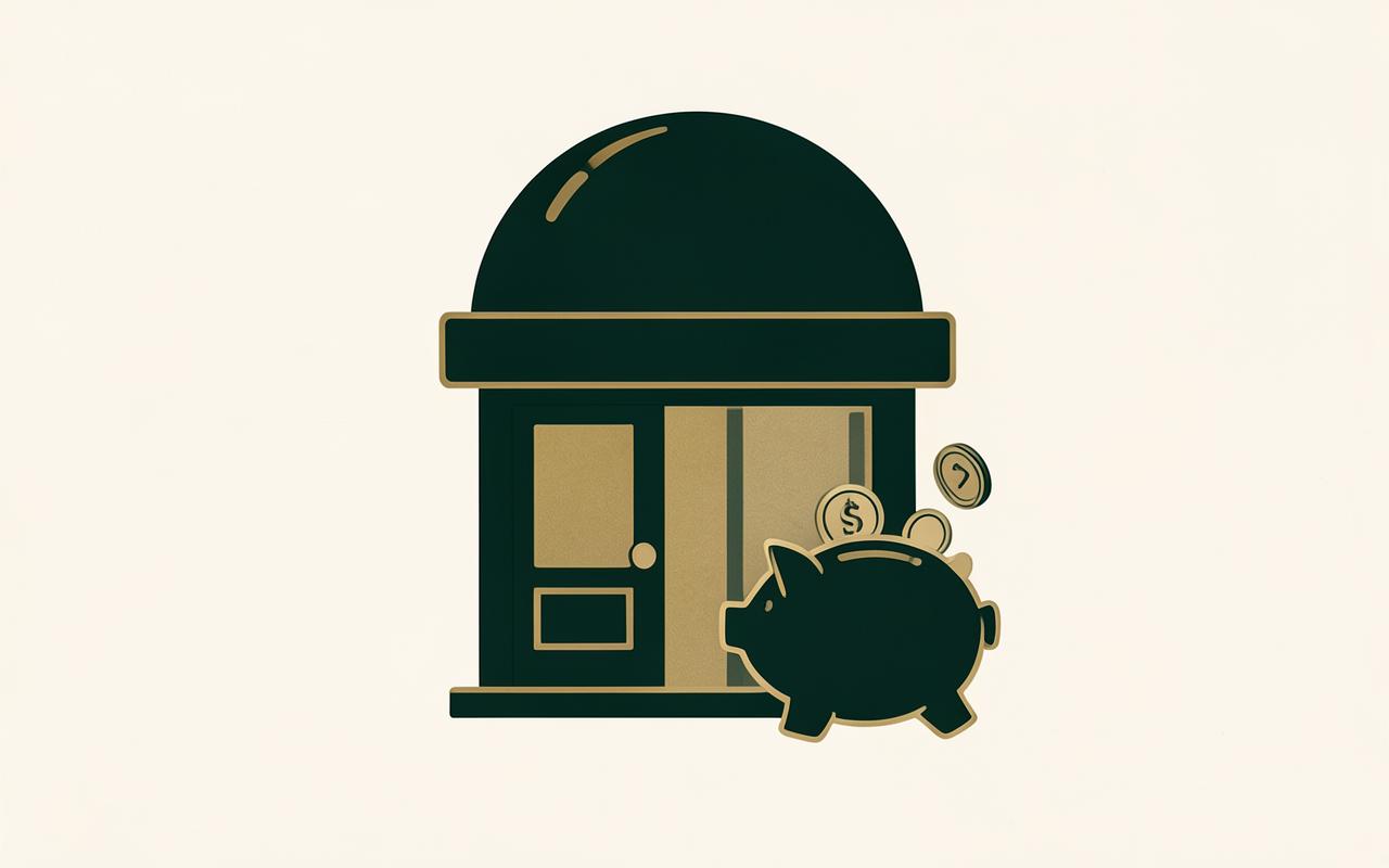 A small shop under a protective dome, coins feeding a piggy bank