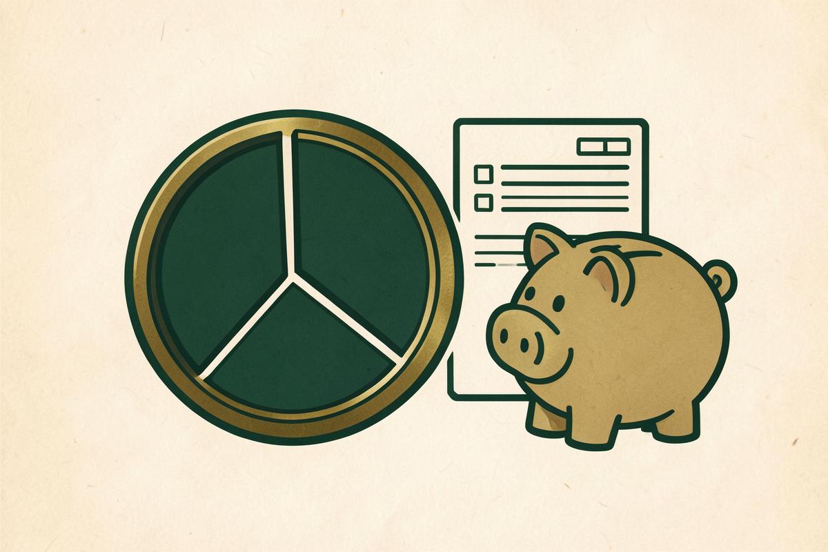 A coin sliced into segments beside a payslip and a piggy bank