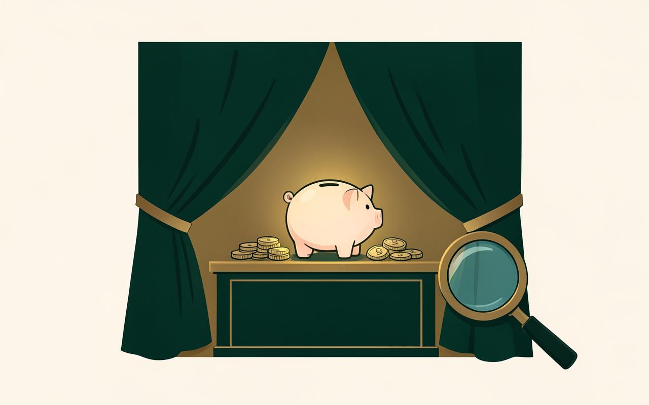 Curtains pulled open to reveal a piggy bank and coins behind a bank counter