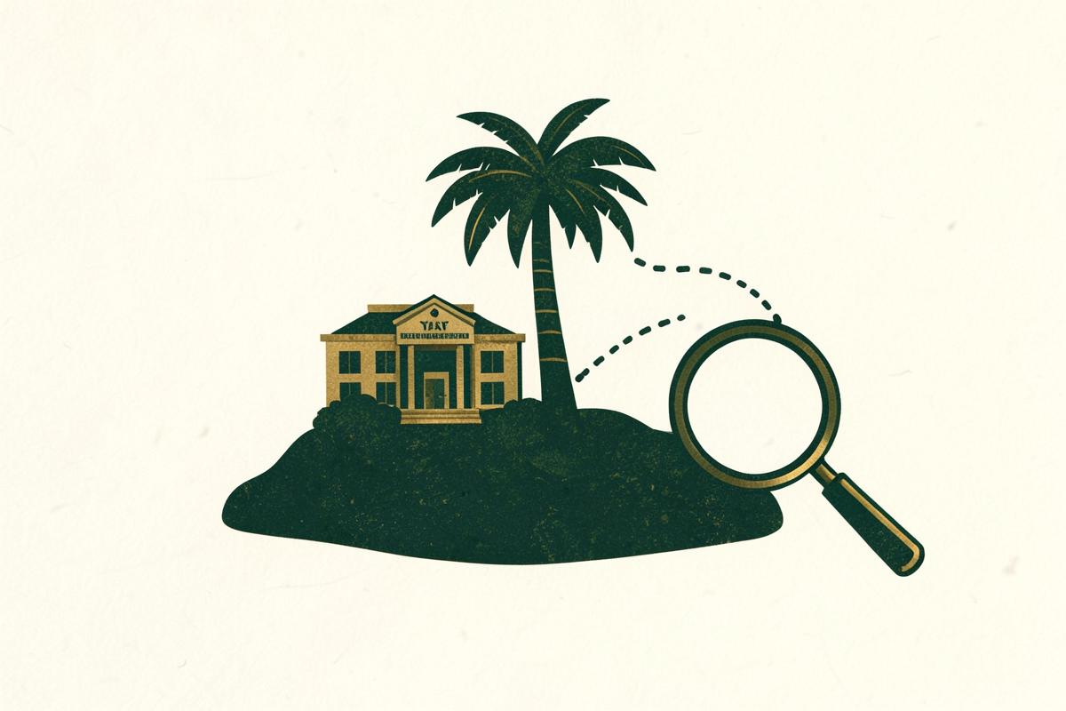 An island viewed through a window, with company documents on the desk