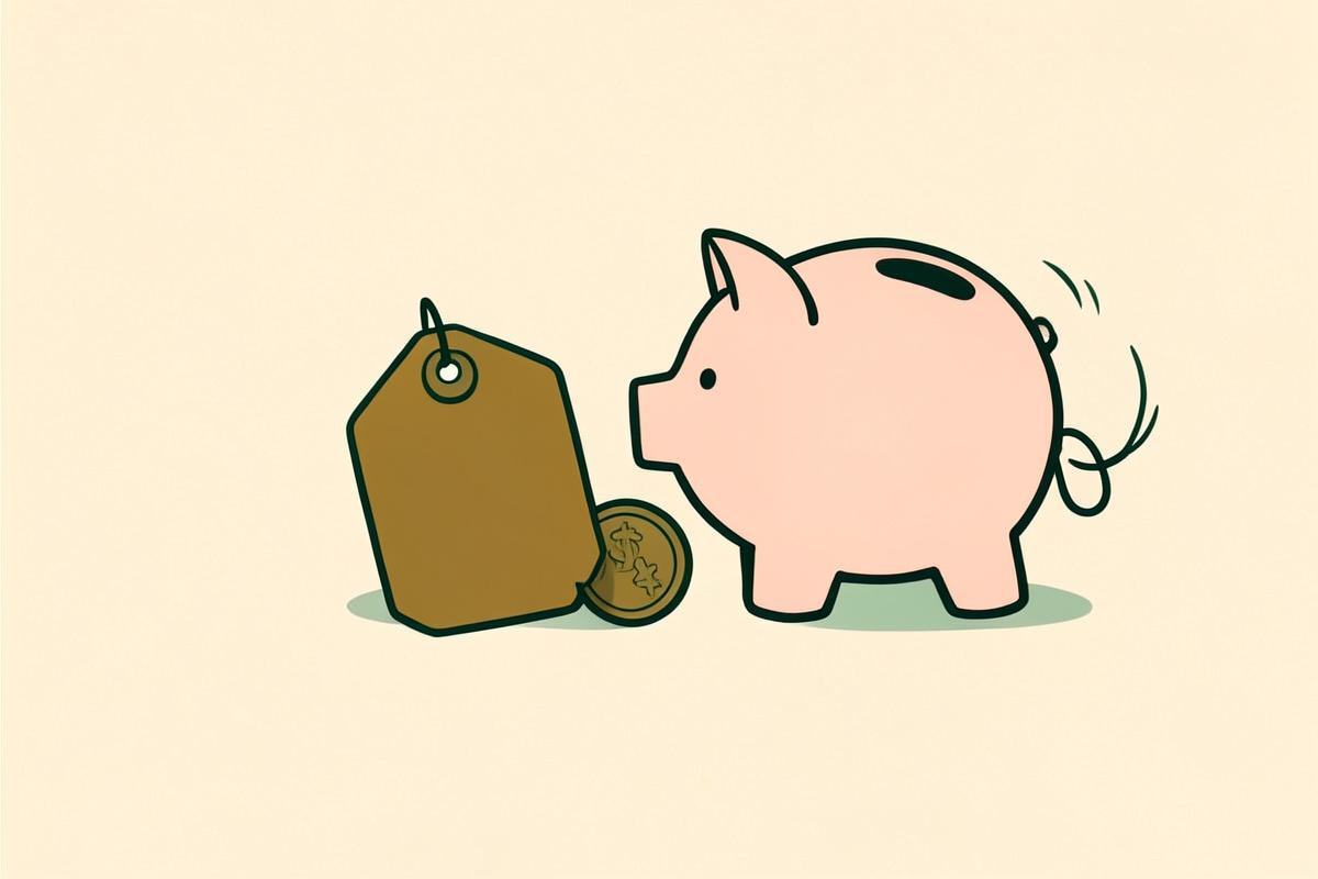 A price tag beside a piggy bank and a single coin