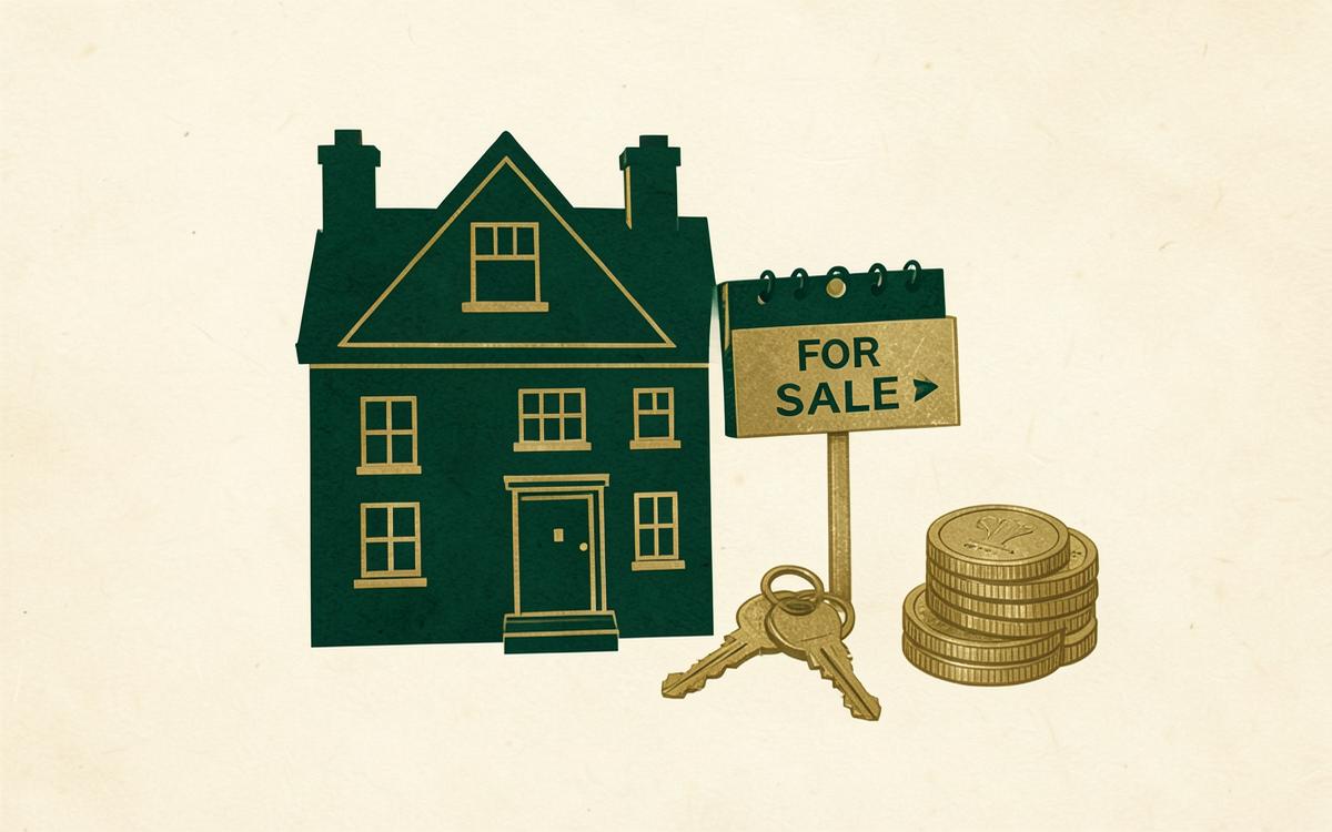 A house with a for sale sign, keys and a stack of coins