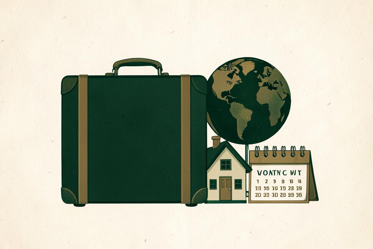 A suitcase and passport beside a globe, a small house and a calendar