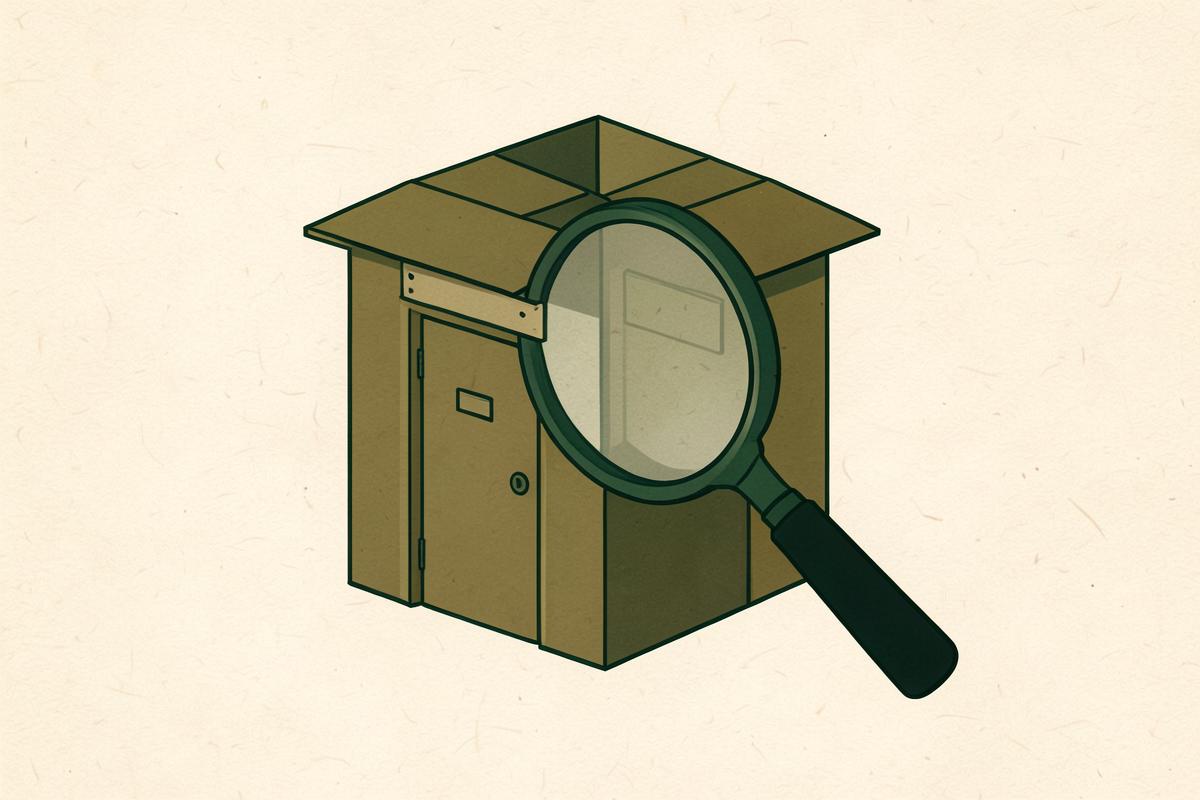An empty cardboard box shaped like a small office, seen through a magnifying glass