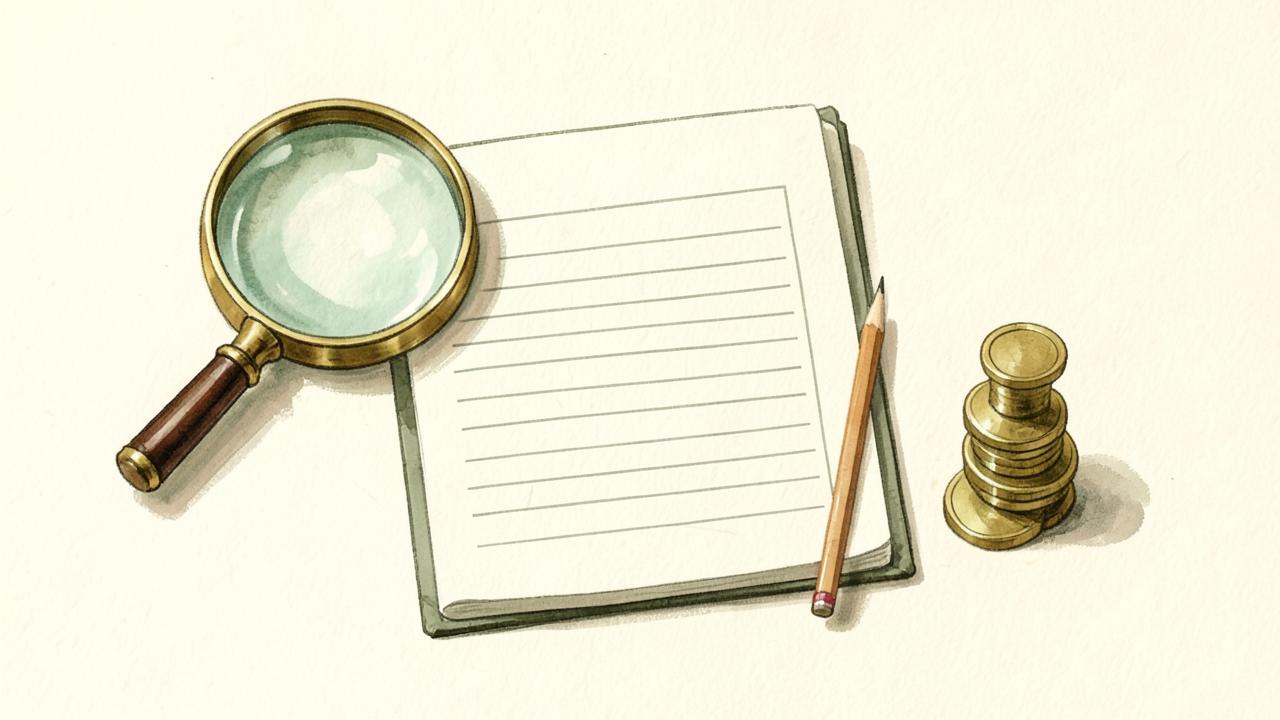 An open accounts page beside a magnifying glass, a pencil and a stack of coins