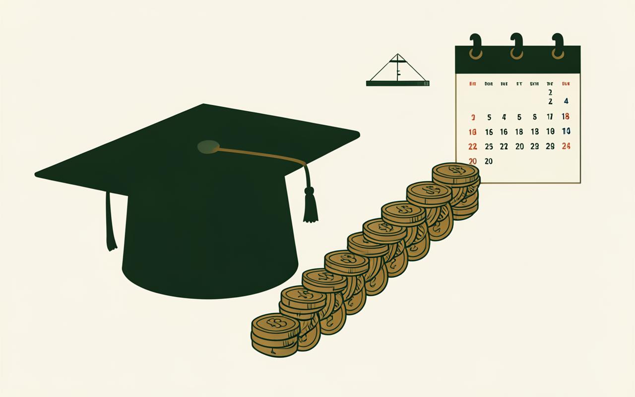 A graduation cap beside a rising staircase of coins and a calendar