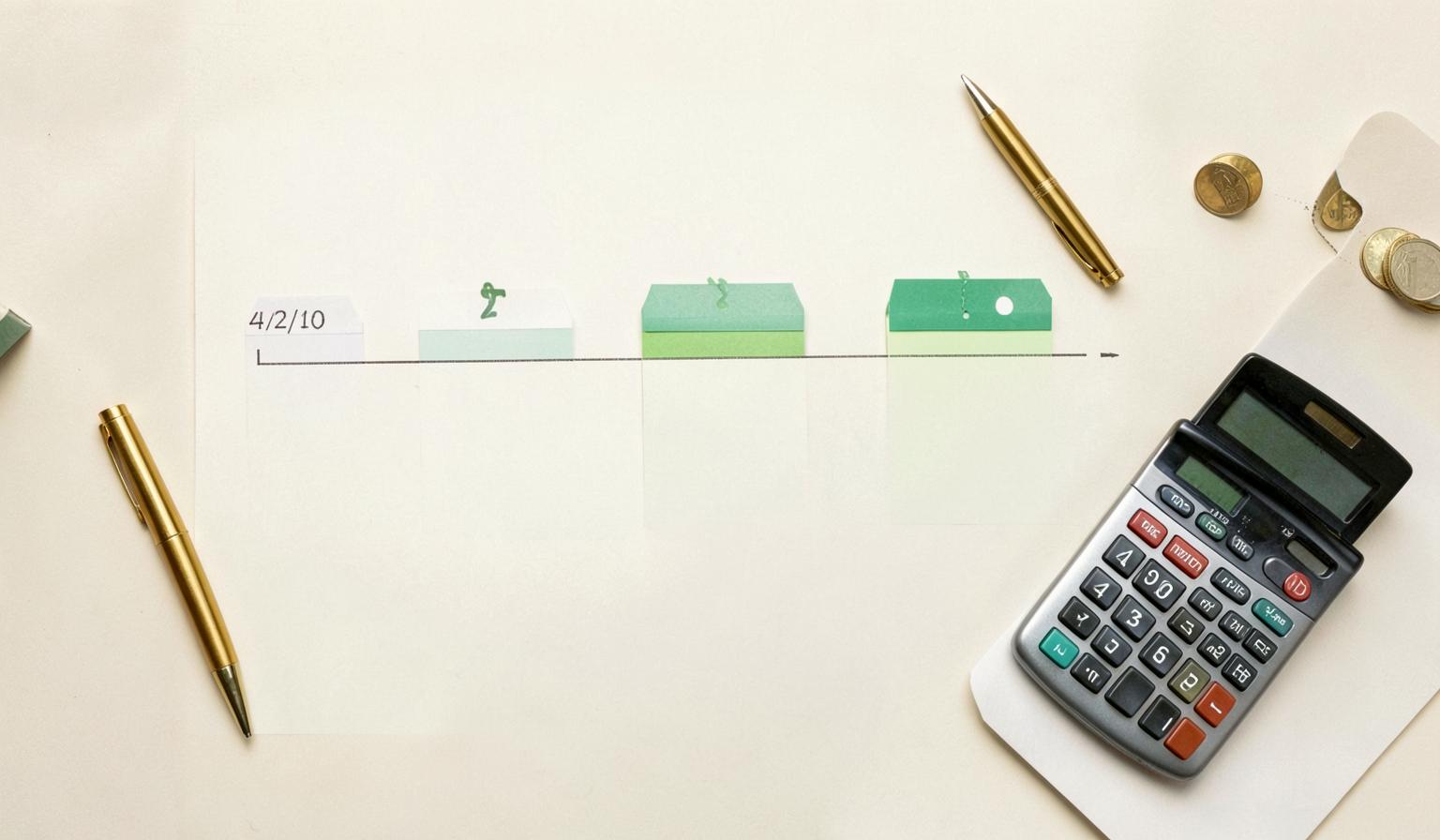 A clean tax deadline timeline beside a calculator, brass pen and coins