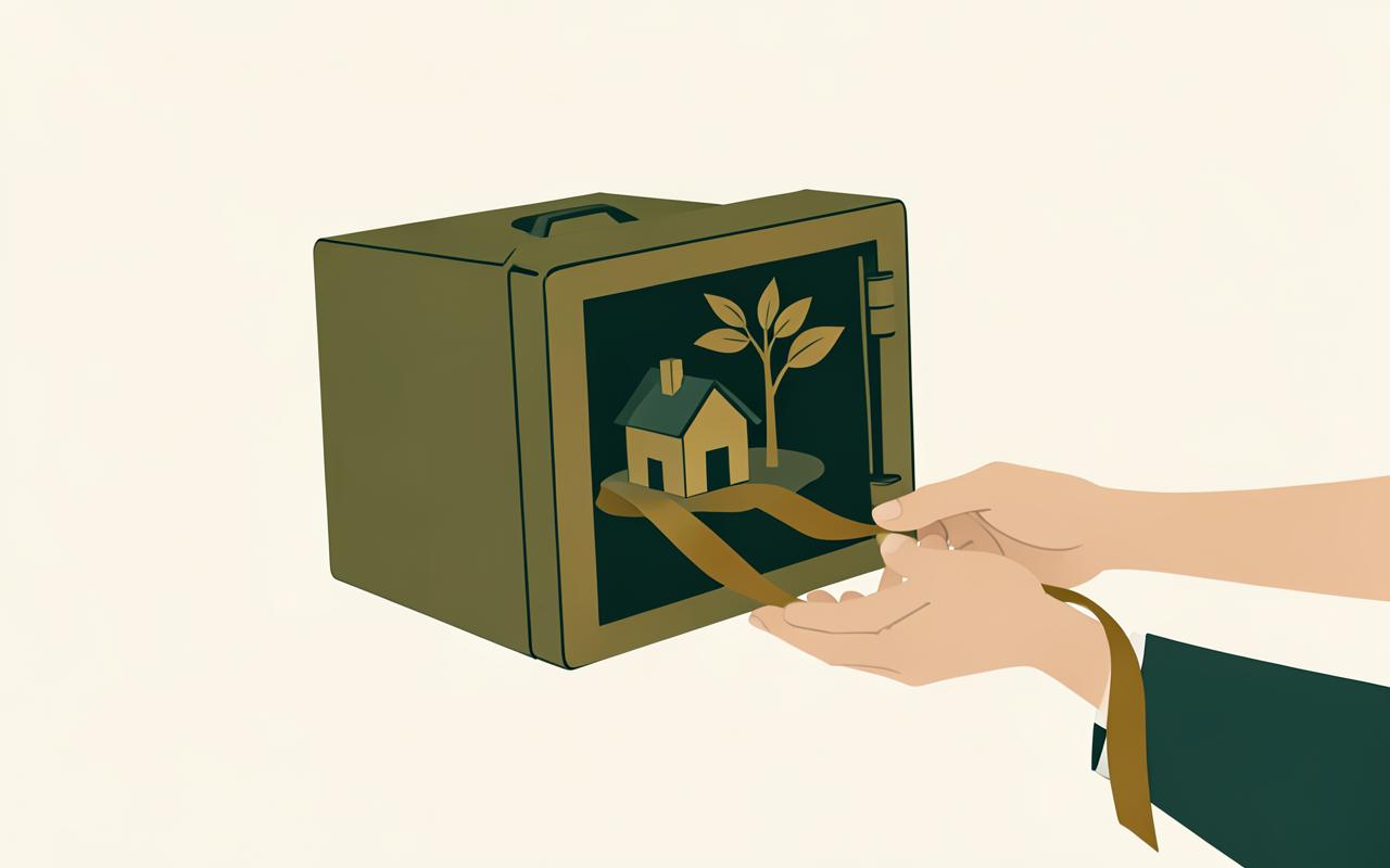 A safe holding a small house and a plant, passed on by a ribbon