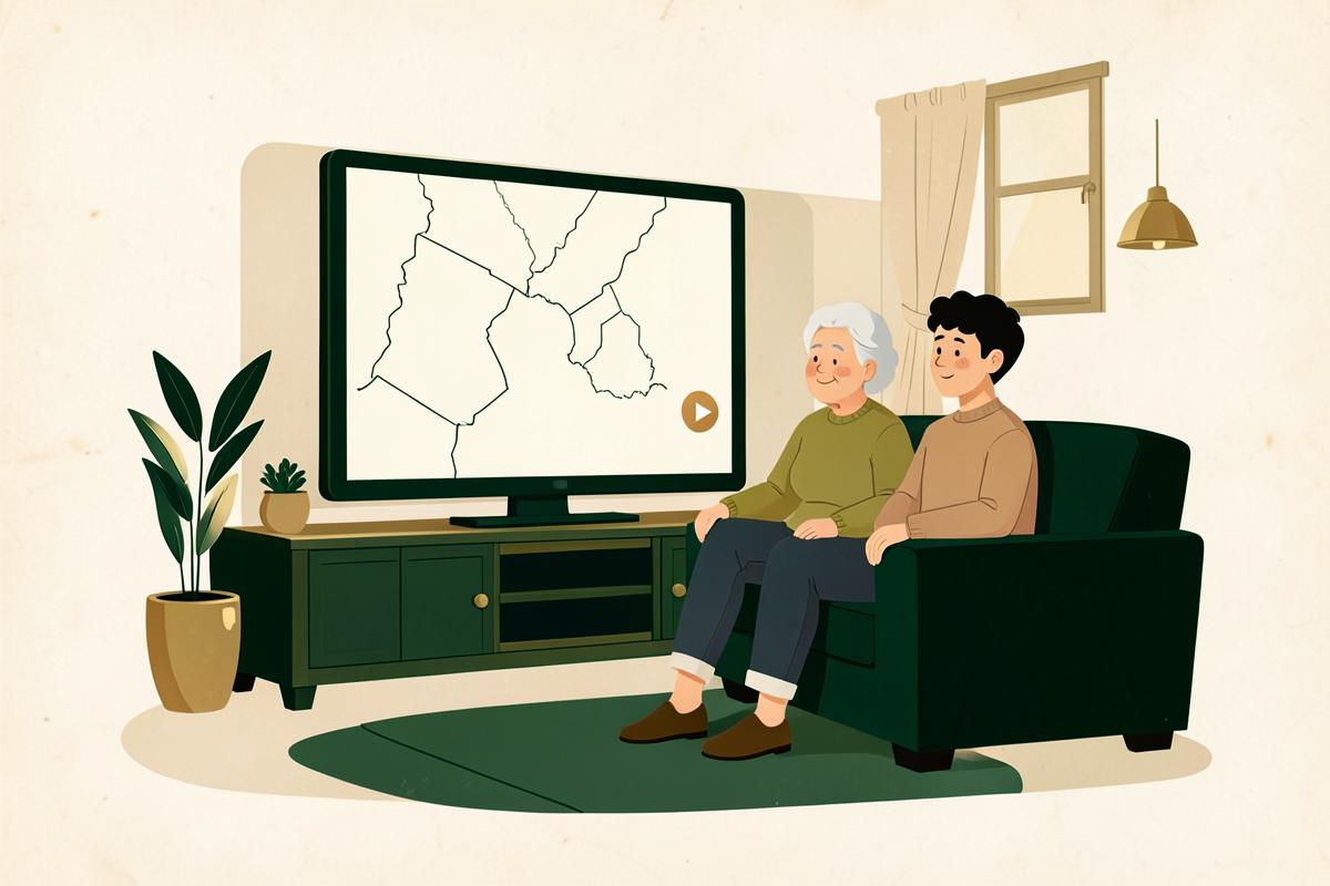 Two people watching a screen together in a warm living room