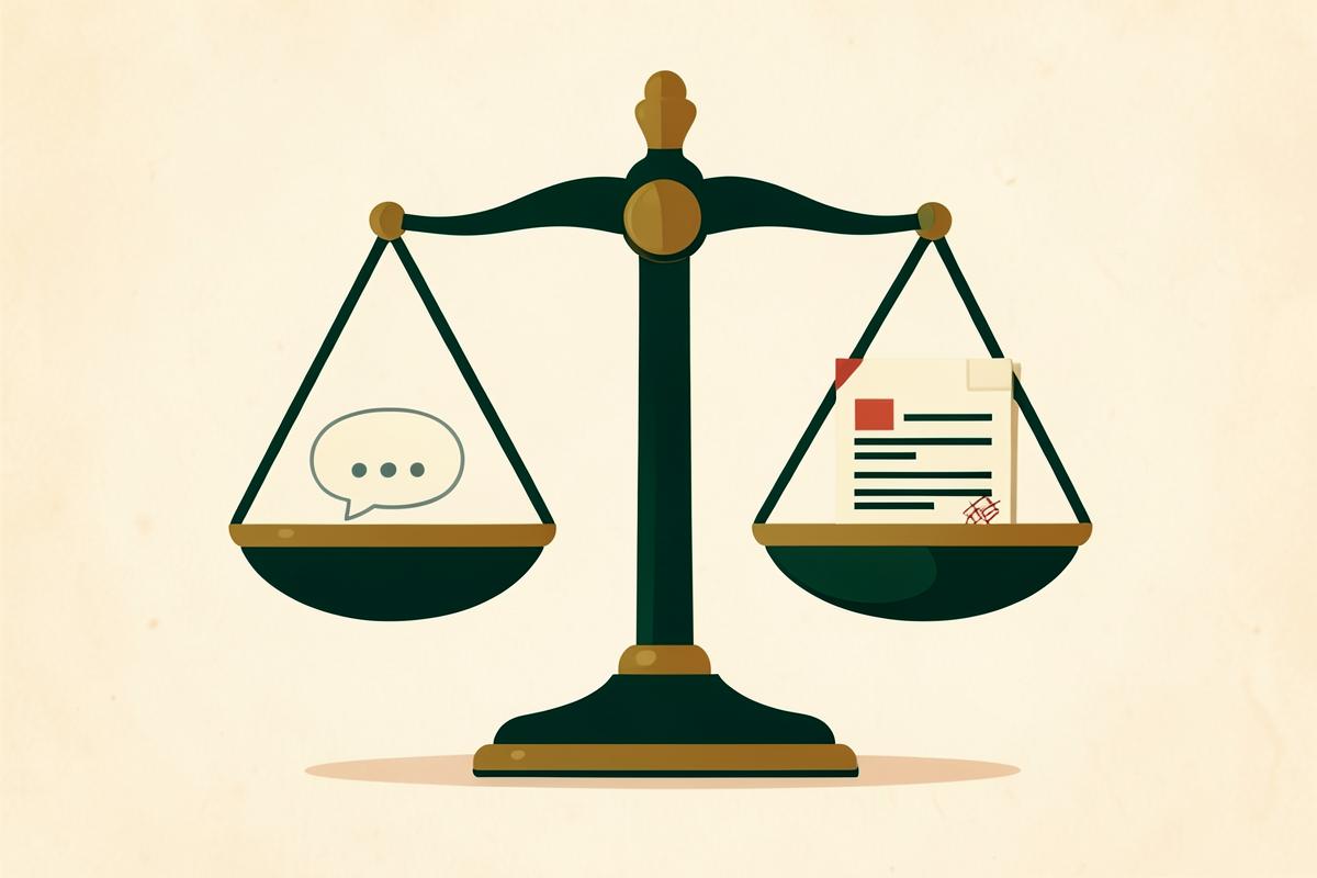 A balance scale weighing a chat bubble against a stamped official document