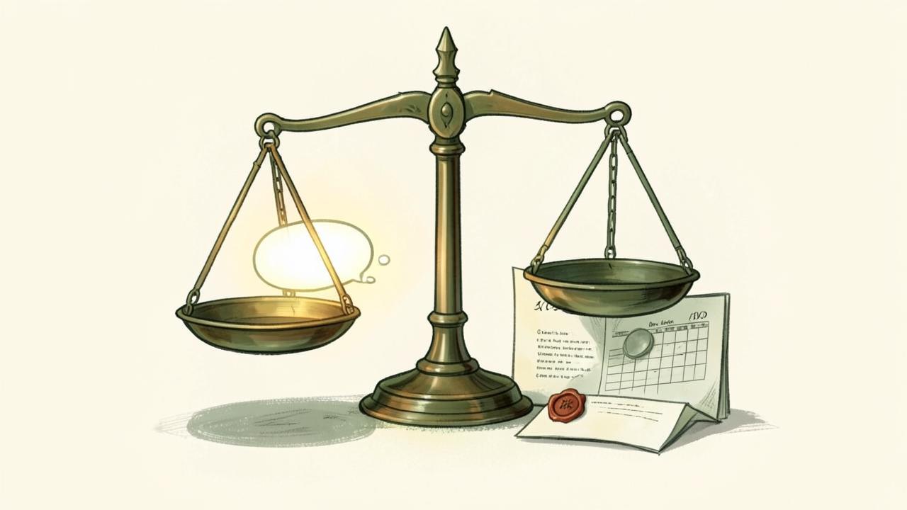 Scales weighing a glowing chat bubble against a stamped, dated official document