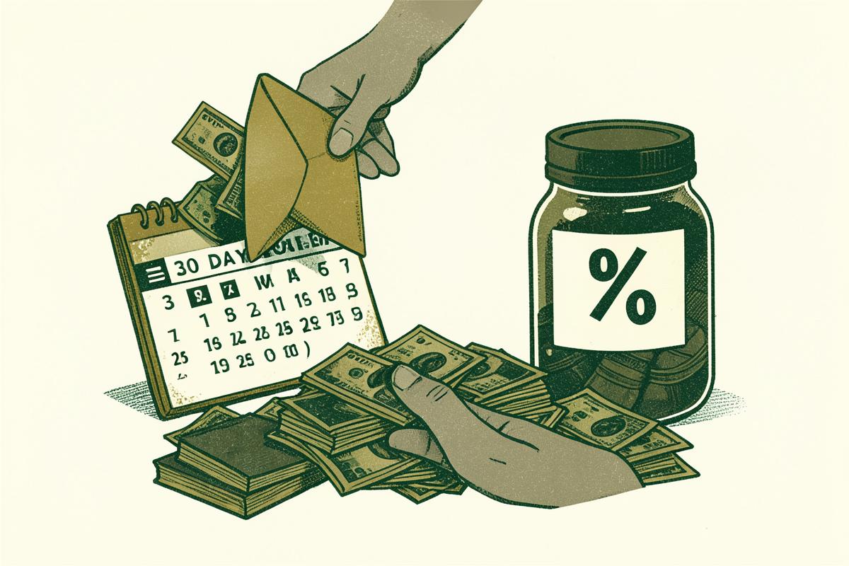 An envelope of money arriving beside a calendar and a savings jar