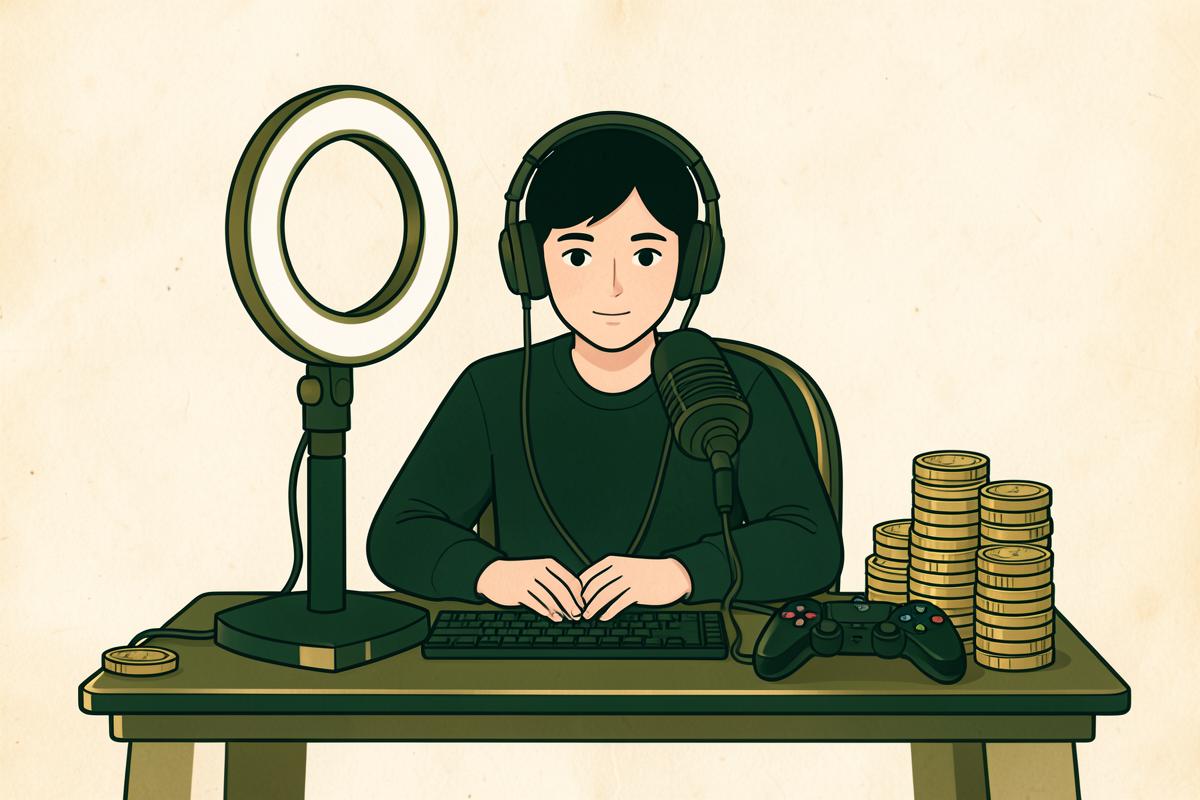 A young streamer at a desk with a ring light, microphone and a stack of coins