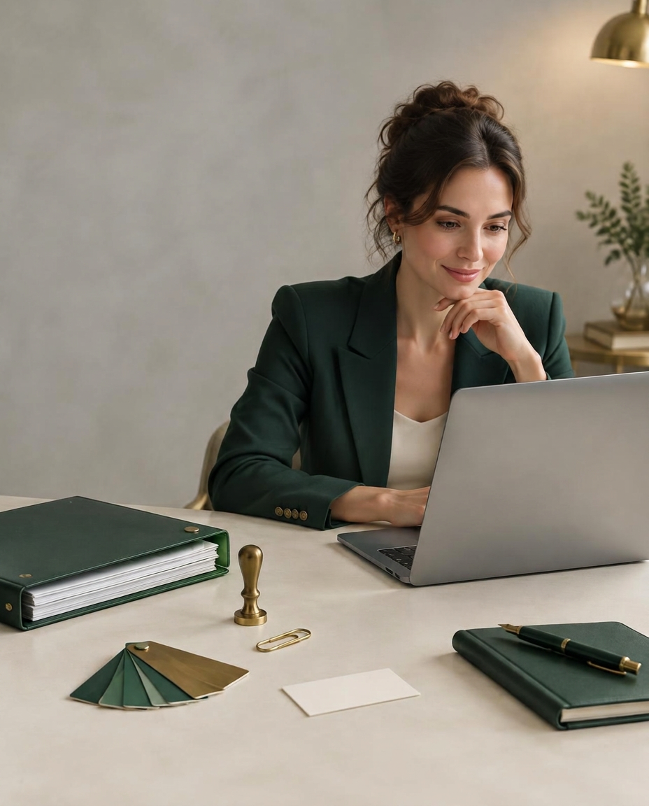 A founder at her desk with an open laptop, a deep green folder of registration papers, a brass seal stamp and a fan of colour swatches