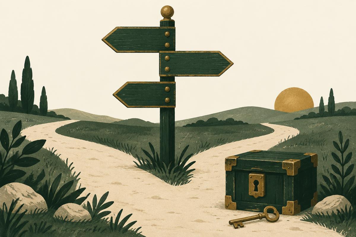 A signpost on a path beside a small locked strongbox