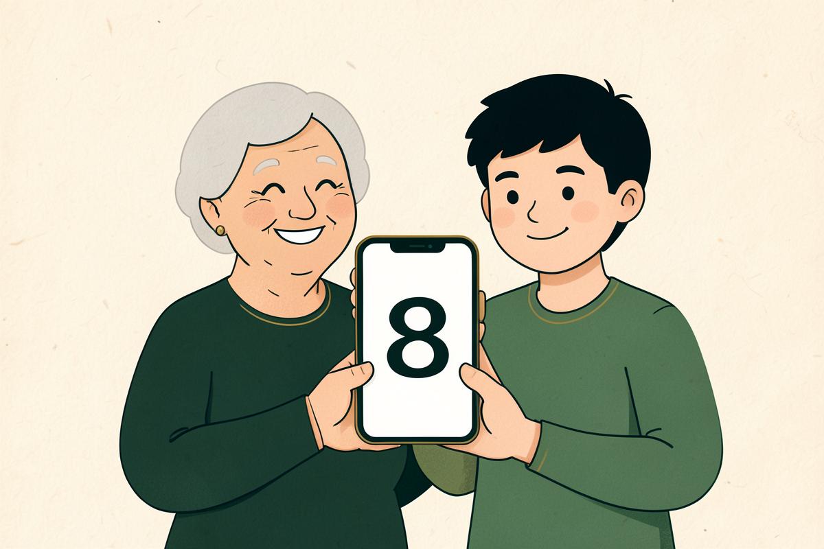 A grandmother and a teenager looking at one clear number on a phone